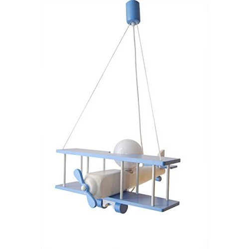 Lampadario a sospensione per cameretta bimbo, aereo in legno 45cm X 42 cm.Colore celeste/bianco.