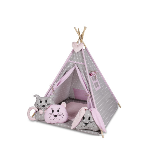 Tenda indiana teepee in tessuto per cameretta bambini con tappetino e 3 simpatici cuscini. Tipi 3 Animali. Rosa chiaro.