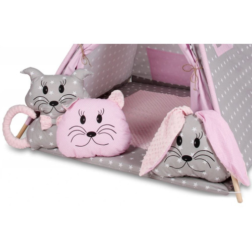 Tenda indiana teepee in tessuto per cameretta bambini con tappetino e 3 simpatici cuscini. Tipi 3 Animali. Rosa chiaro.