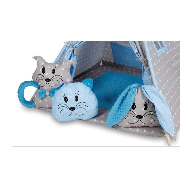 Bambi® Tenda indiana teepee in tessuto per cameretta bambini con tappetino e 4 simpatici cuscini. Tipi 4 Animali. (celeste)