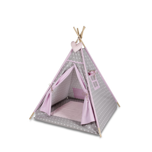 Bambi® Tenda indiana teepee in tessuto per cameretta bambini con tappetino e 4 simpatici cuscini. Tipi 4 Animali. Rosa chiaro.