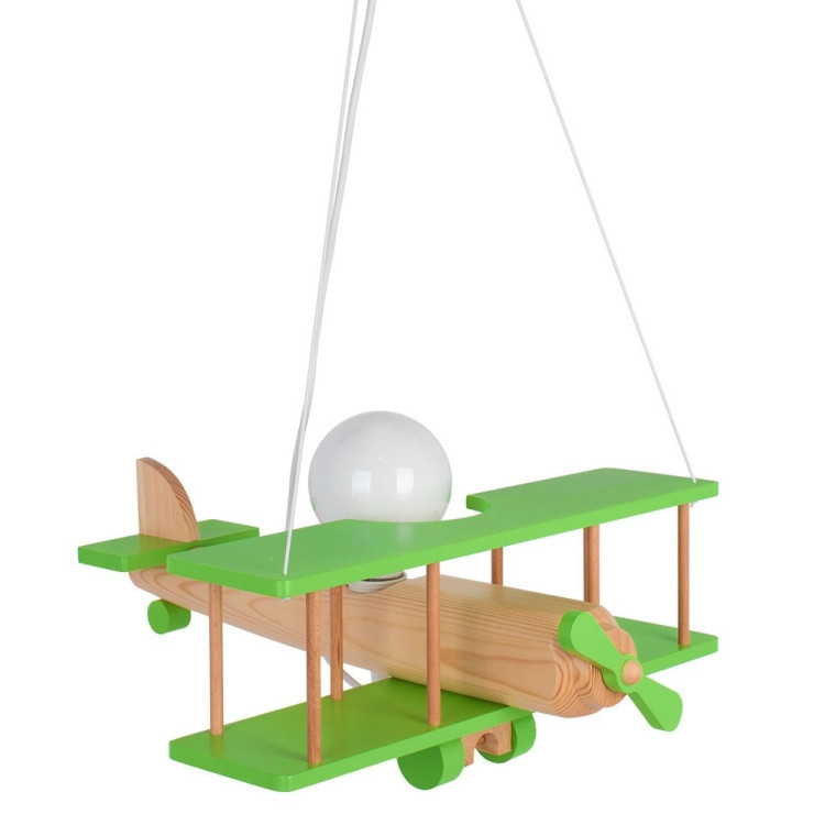 Lampadario a sospensione per cameretta bimbo , aereo in legno 45cm X 42cm. Colore verde/legno naturale.