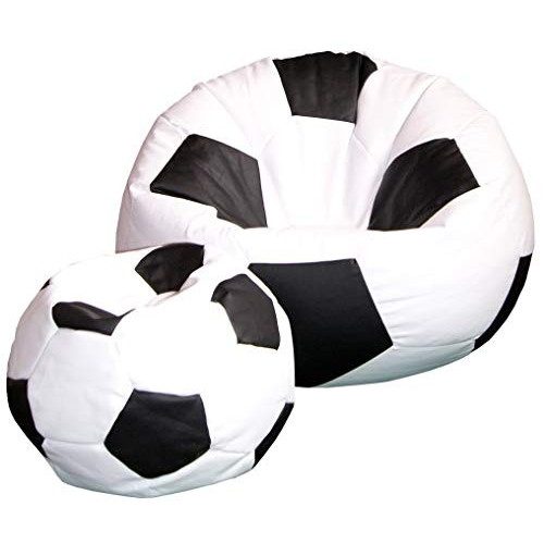 Set 2 Pouf, football, Pallone Calcio 100 cm + 40 cm poggiapiedi, bianco /nero