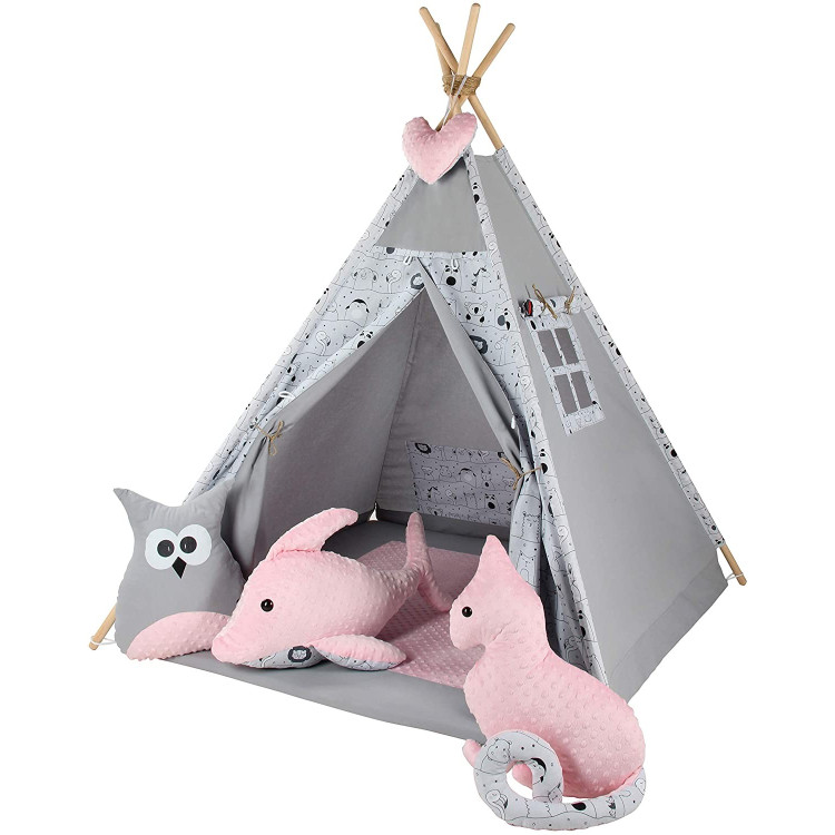 Bambi® Tenda indiana teepee in tessuto per cameretta bambini con tappetino e 3 simpatici cuscini. Tipi 3 Animali. (celeste)