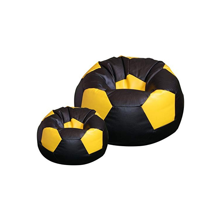Set 2 Pouf football, Pallone Calcio 100 cm + 40 cm poggiapiedi, nero / giallo