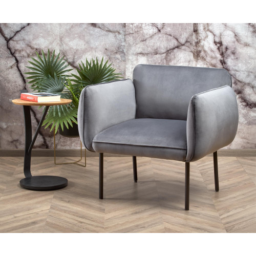 BRASIL. Poltrona, sedia in tessuto di velluto grigio con gambe in acciaio verniciato in nero