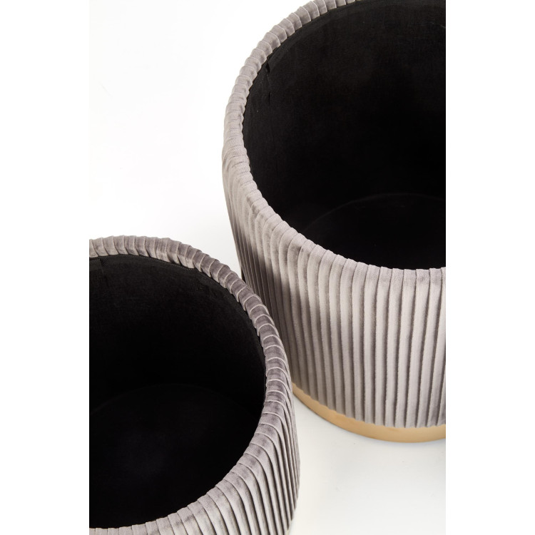 MONTY. Set di 2 pouf con contenitore portaogetti. Poufs in velluto di colore grigio.