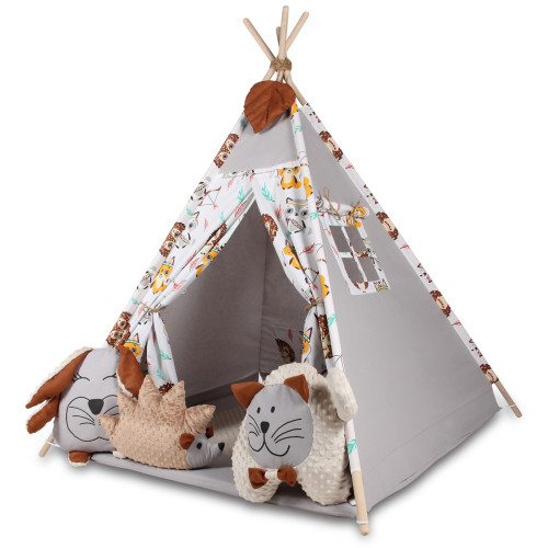 Tenda a tepee indiana in tessuto per la cameretta  bambini con tappetino e 3 simpatici  cuscini, animali della foresta.
