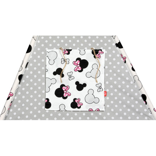 Tenda Teepee in tessuto indiano per la cameretta  bambini con tappetino e 3 simpatici cuscini a forma di topolino.