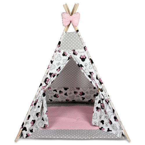 Tenda Teepee in tessuto indiano per la cameretta  bambini con tappetino e 3 simpatici cuscini a forma di topolino.