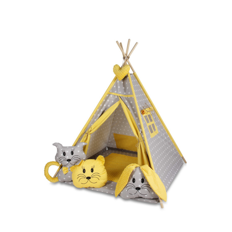 Tenda indiana teepee in tessuto per cameretta bambini con tappetino e 3 simpatici cuscini. Tipi 3 Animali. Rosa chiaro.