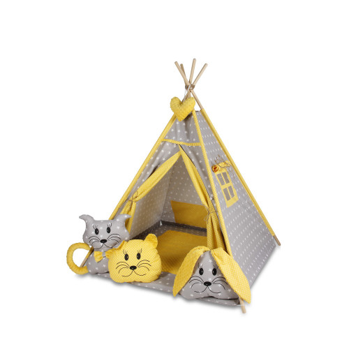 Tenda indiana teepee in tessuto per cameretta bambini con tappetino e 3 simpatici cuscini. Tipi 3 Animali. Giallo.
