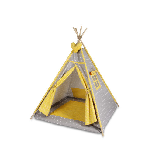 Tenda indiana teepee in tessuto per cameretta bambini con tappetino e 3 simpatici cuscini. Tipi 3 Animali. Giallo.