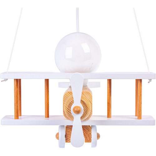 Lampadario a sospensione per cameretta bimbo, aereo in legno. Colore bianco/legno naturale