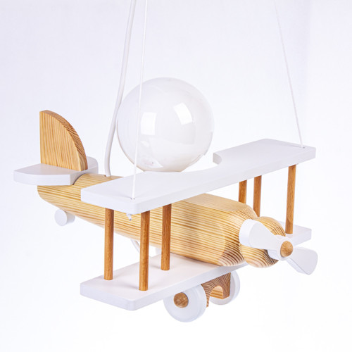 Lampadario a sospensione per cameretta bimbo, aereo in legno. Colore bianco/legno naturale
