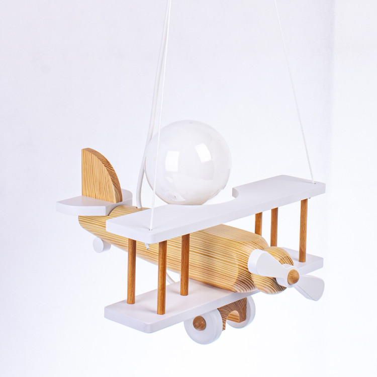 Lampadario a sospensione per cameretta bimbo, aereo in legno. Colore bianco/legno naturale