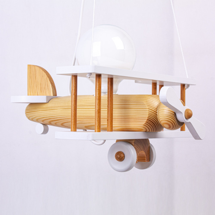 Lampadario a sospensione per cameretta bimbo, aereo in legno. Colore bianco/legno naturale
