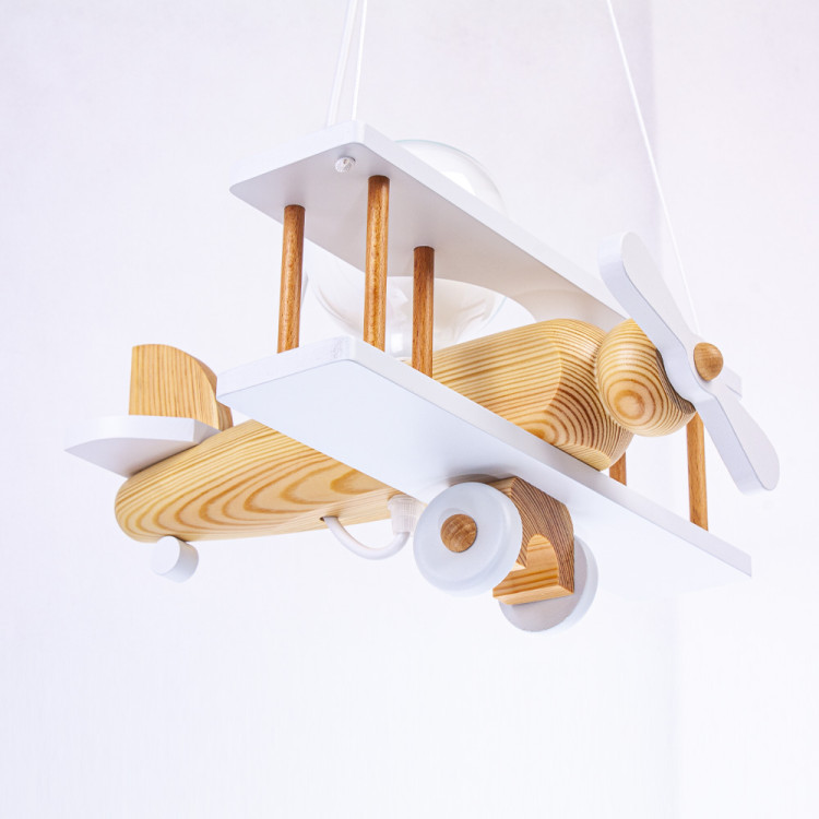 Lampadario a sospensione per cameretta bimbo, aereo in legno. Colore bianco/legno naturale