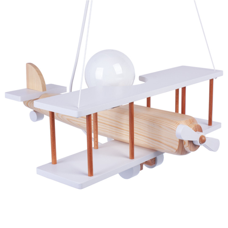 Lampadario a sospensione per cameretta bimbo, aereo in legno 45cm X 42 cm.Colore bianco/legno naturale