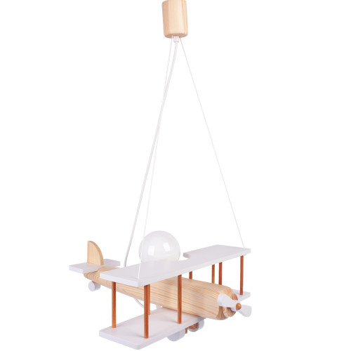 Lampadario a sospensione per cameretta bimbo, aereo in legno 45cm X 42 cm.Colore bianco/legno naturale.
