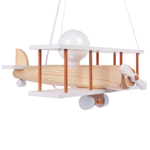 Lampadario a sospensione per cameretta bimbo, aereo in legno 45cm X 42 cm.Colore bianco/legno naturale.