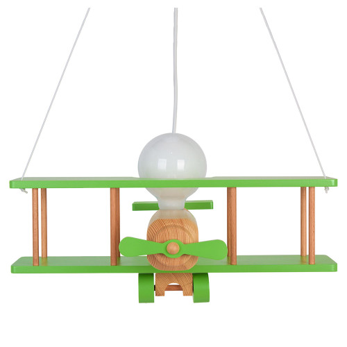 Lampadario a sospensione per cameretta bimbo , aereo in legno 45cm X 42cm. Colore verde/legno naturale. 2