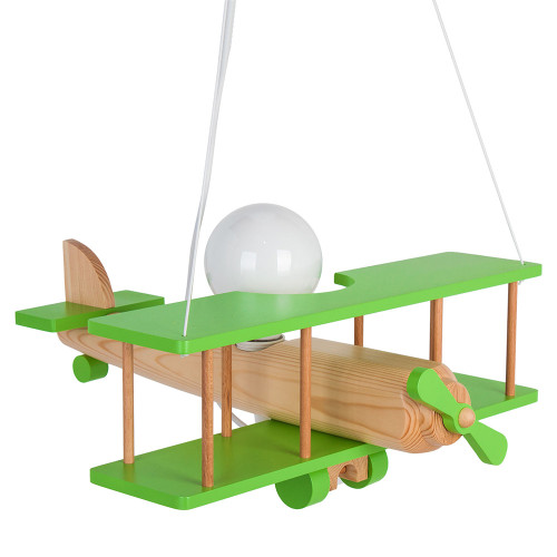 Lampadario a sospensione per cameretta bimbo , aereo in legno 45cm X 42cm. Colore verde/legno naturale.
