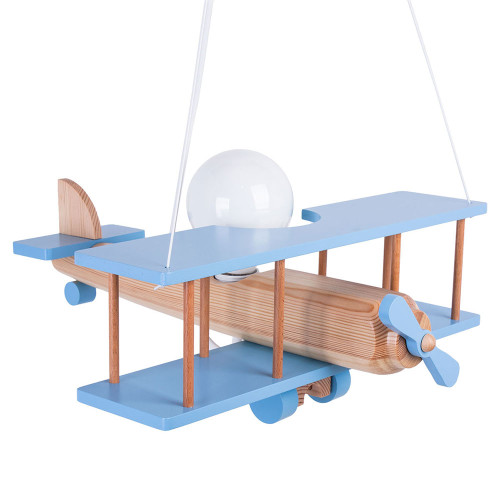 Lampadario a sospensione per cameretta bimbo , aereo in legno 45cm X 42cm.  Colore celeste/legno naturale