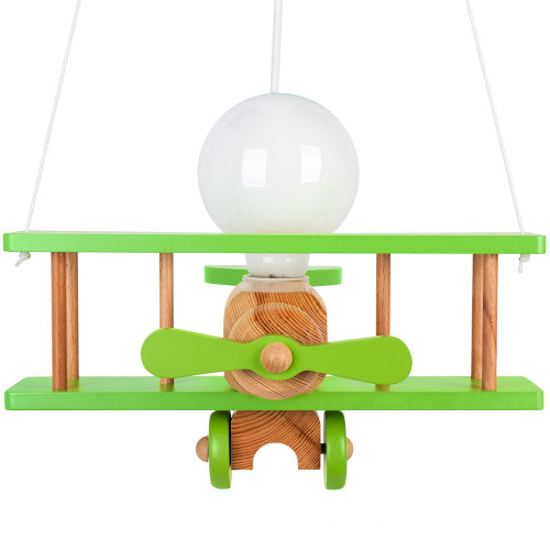 Lampadario a sospensione per cameretta bimbo, aereo in legno 32cm X 30 cm. Colore verde/legno naturale