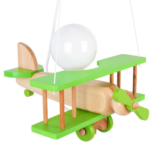 Lampadario a sospensione per cameretta bimbo, aereo in legno 32cm X 30 cm. Colore verde/legno naturale