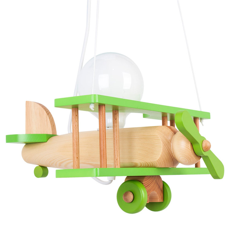 Lampadario a sospensione per cameretta bimbo, aereo in legno 32cm X 30 cm. Colore verde/legno naturale