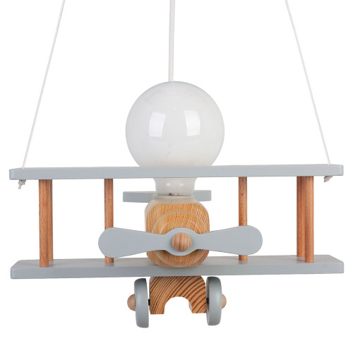 Lampadario a sospensione per cameretta bimbo, aereo in legno 32cm X 30 cm. Colore grigio/legno naturale 2