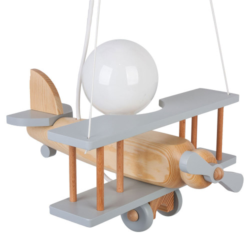 Lampadario a sospensione per cameretta bimbo, aereo in legno 32cm X 30 cm. Colore grigio/legno naturale