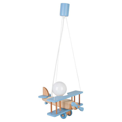 Lampadario a sospensione per cameretta bimbo, aereo in legno 32cm X 30 cm. Colore celeste/legno naturale 2