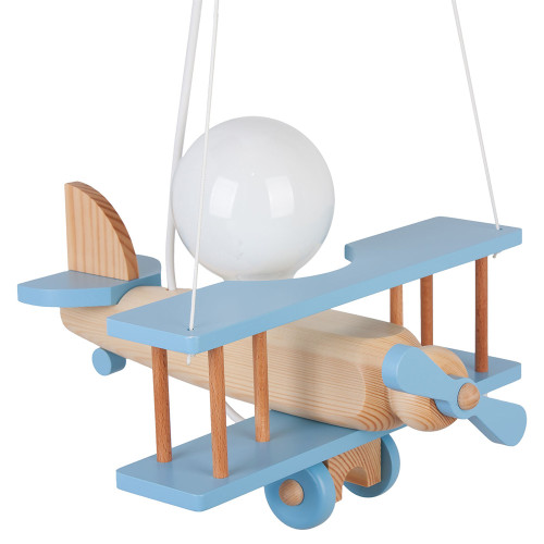 Lampadario a sospensione per cameretta bimbo, aereo in legno 32cm X 30 cm. Colore celeste/legno naturale