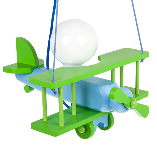 Lampadario a sospensione per cameretta bimbo, aereo in legno 32cm X 30 cm. Colore verde/celeste