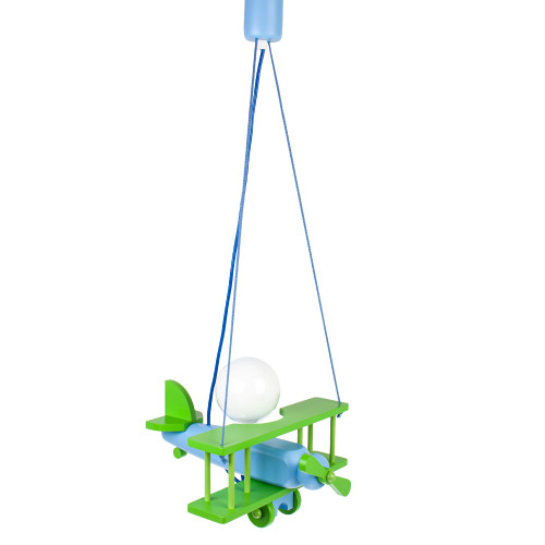 Lampadario a sospensione per cameretta bimbo, aereo in legno 32cm X 30 cm. Colore verde/celeste