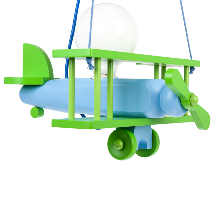 Lampadario a sospensione per cameretta bimbo, aereo in legno 32cm X 30 cm. Colore verde/celeste