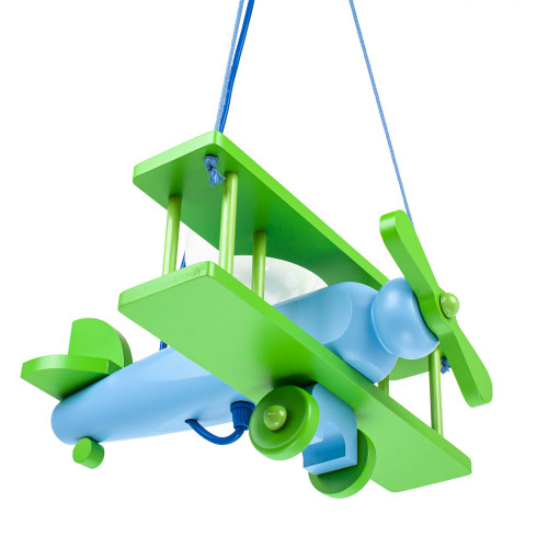 Lampadario a sospensione per cameretta bimbo, aereo in legno 32cm X 30 cm. Colore verde/celeste
