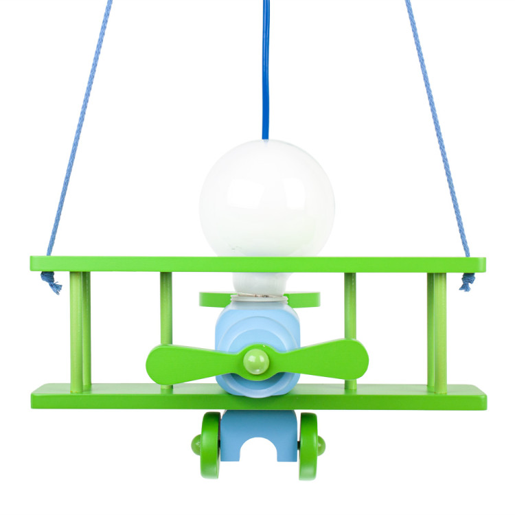 Lampadario a sospensione per cameretta bimbo, aereo in legno 32cm X 30 cm. Colore verde/celeste