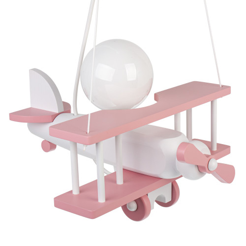Lampadario a sospensione per cameretta bimbo, aereo in legno 32cm X 30 cm. Colore rosa/bianco.