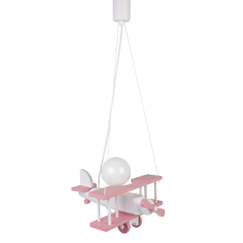 Lampadario a sospensione per cameretta bimbo, aereo in legno 32cm X 30 cm. Colore rosa/bianco.