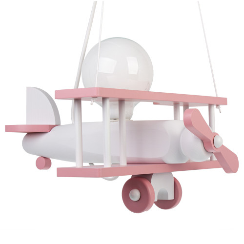 Lampadario a sospensione per cameretta bimbo, aereo in legno 32cm X 30 cm. Colore rosa/bianco.