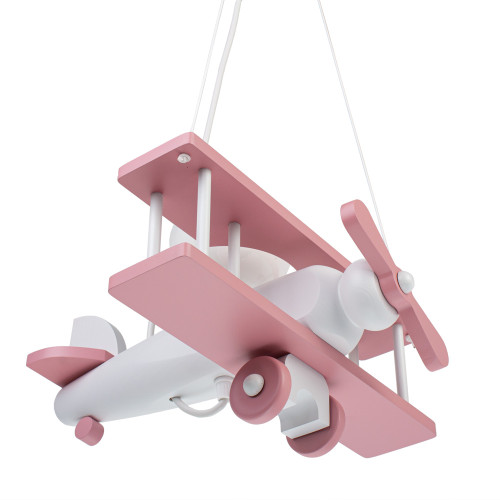 Lampadario a sospensione per cameretta bimbo, aereo in legno 32cm X 30 cm. Colore rosa/bianco.
