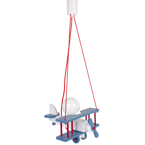 Lampadario a sospensione per cameretta bimbo, aereo in legno 32cm X 30 cm. Colore bianco/blu/rosso