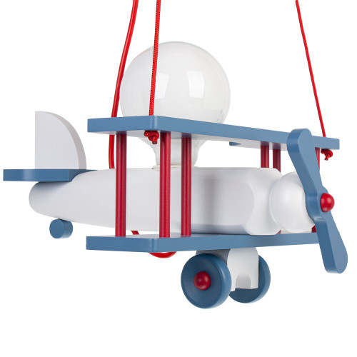 Lampadario a sospensione per cameretta bimbo, aereo in legno 32cm X 30 cm. Colore bianco/blu/rosso