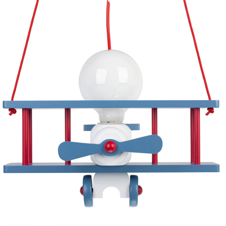 Lampadario a sospensione per cameretta bimbo, aereo in legno 32cm X 30 cm. Colore bianco/blu/rosso