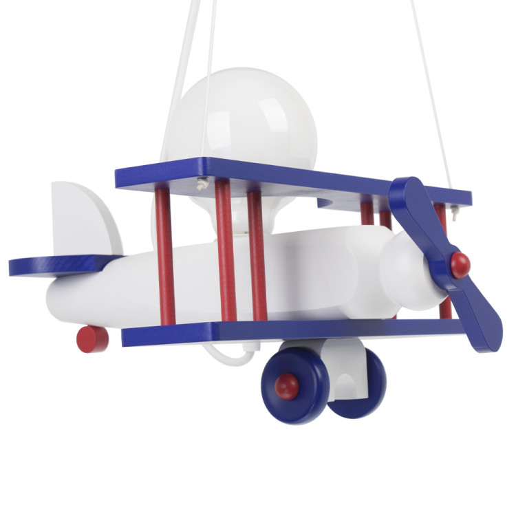 Lampadario a sospensione per cameretta bimbo, aereo in legno 32cm X 30 cm. Colore bianco/blu/rosso