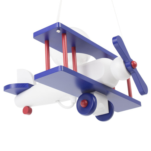 Lampadario a sospensione per cameretta bimbo, aereo in legno 32cm X 30 cm. Colore bianco/blu/rosso