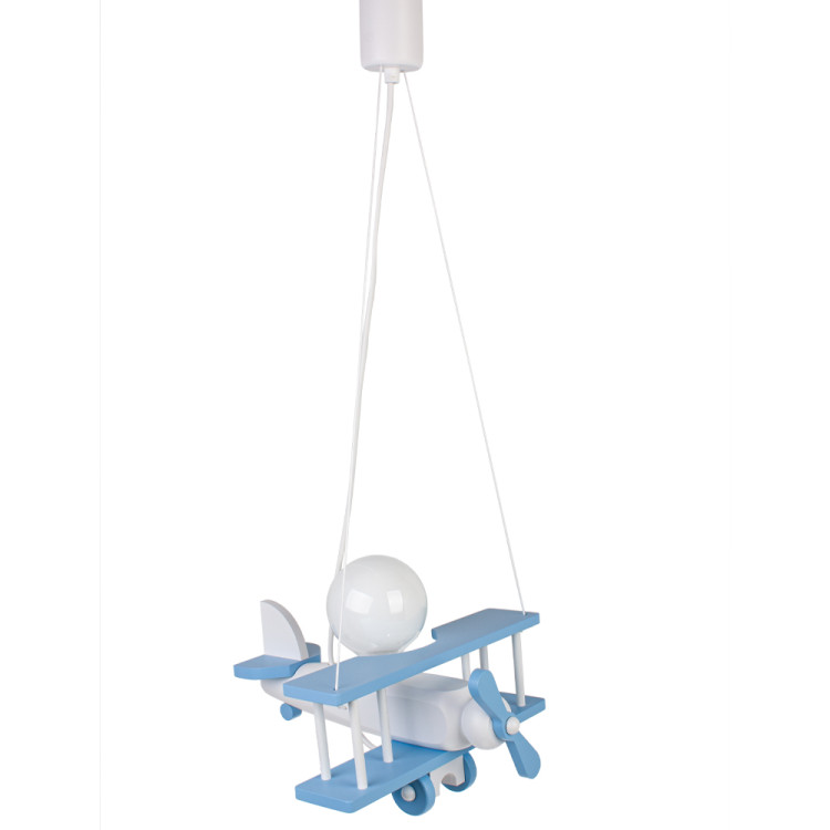 Lampadario a sospensione per cameretta bimbo, aereo in legno 32cm X 30 cm. Colore celeste/bianco.